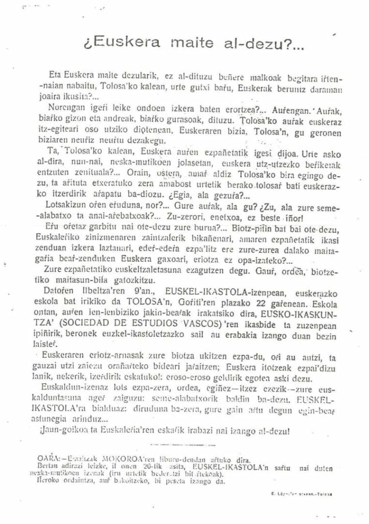 Ehun urtean lehen aldiz, euskara gehiago entzun da Tolosako kaleetan gaztelera baino 25