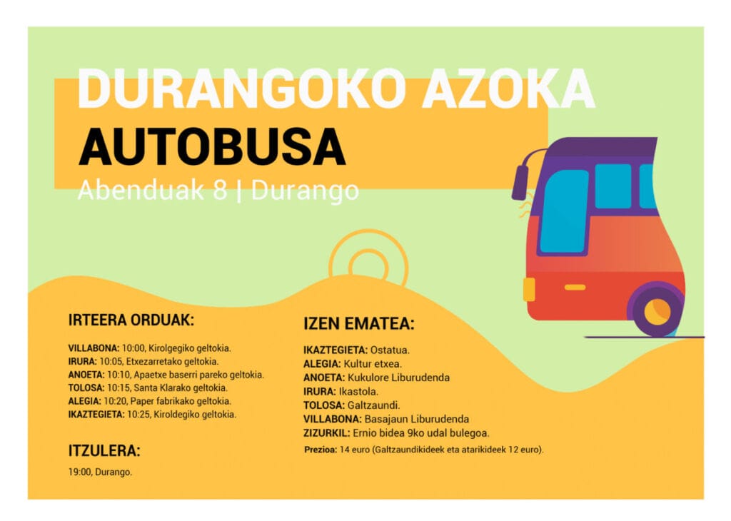 Durangoko azokara autobusez joateko aukera duzu Tolosaldetik 5